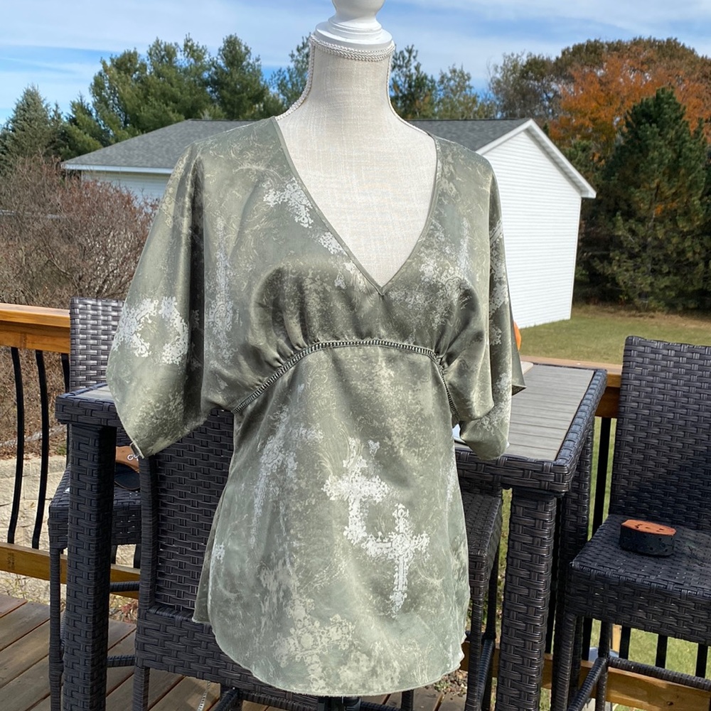 Womens Calvin Klein Funky CROSS Silky Top! ✝️ STUNNING! 🎄Large Must See!